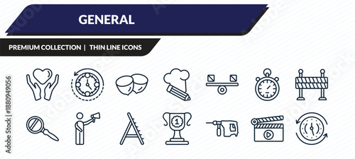 general icons set - heart between hands, rewind time, nuts, fragments, clockwise outline vector collection.