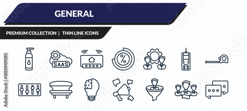 general icons set - massage oil, saas, smart home hub, team leader, message app outline vector collection.