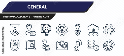 general icons set - water sensor, user data, mri scanner, real time data, market share outline vector collection.