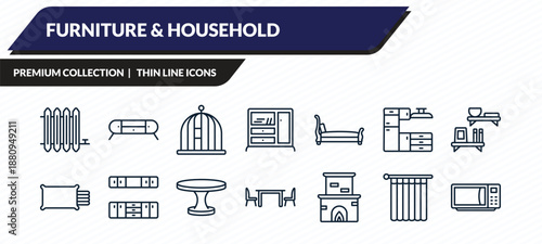 furniture & household icons set - radiator, furniture, bird cage, shower curtain, microwave outline vector collection.