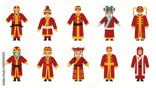 Collection of Ten Diverse Traditional Chinese Costumes in Red and Yellow with Elaborate Headdresses and Embellishments