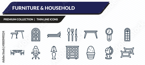 furniture & household icons set - coffee table, double door, lounger, globe, pillows outline vector collection.