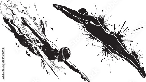 Athletic Swimmer Silhouettes with Artistic Ink Splash and Water Spray Effects Vector