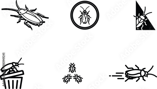 black and white cockroach icons in different poses and settings