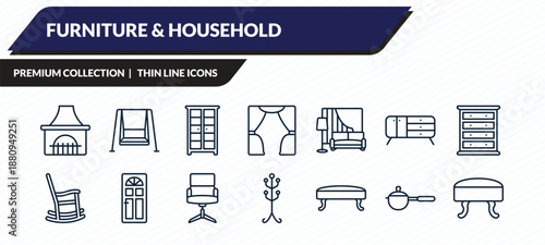 furniture & household icons set - chimney, porch swing, armoire, small saucepan, footstool outline vector collection.