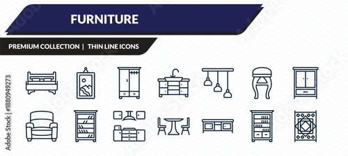 furniture icons set - bed, frame, wardrobe, bookshelve, carpet outline vector collection.