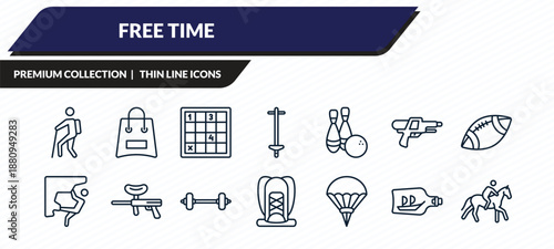 free time icons set - trekking, bags, sudoku, ship in a bottle, riding outline vector collection.