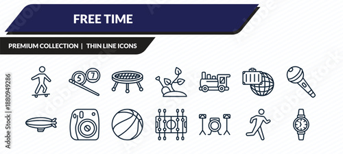 free time icons set - skateboarding, billiard, jumping, running man, watches outline vector collection.