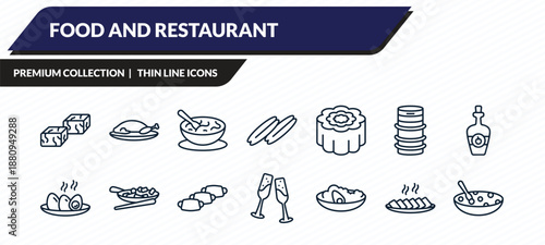 food and restaurant icons set - sachima, peking duck, sour soup, char siu, tong sui outline vector collection.