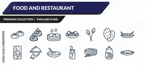 food and restaurant icons set - baozi, zongzi, xiao long bao, cookies jar, sea cucumber outline vector collection.