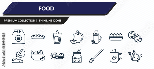 food icons set - pack, french bread, water glass, hot coffee cup, calories outline vector collection.