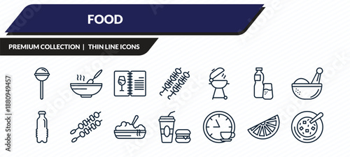 food icons set - lollypop, stew, drinks menu, lemon slice, winter melon soup outline vector collection.