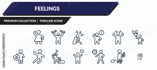 feelings icons set - accomplished human, beautiful human, strong human, guilty funny outline vector collection.