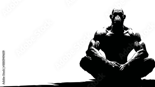 Black and white silhouette of a muscular chimpanzee in a meditative pose, symbolizing strength, wisdom, and inner peace.