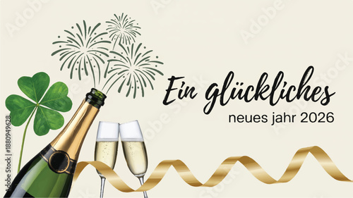 A New Year's greeting card design with a white background. On the left side, there is a green four-leaf clover_traced