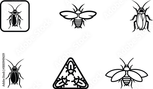 black and white illustrations of various insects and bug warning sign