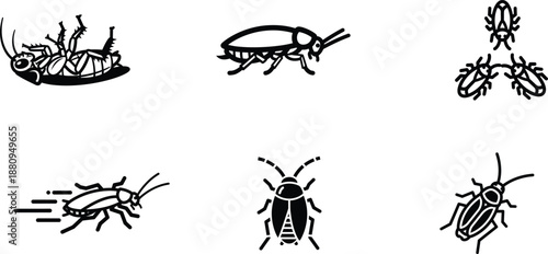 Black and white illustrations of various cockroach silhouettes in different poses and movements