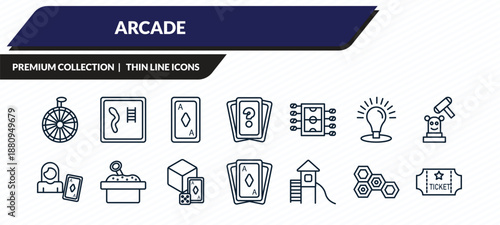 arcade icons set - voice acting, curtain stage, curtain stage, curtain stage, voice acting outline vector collection.