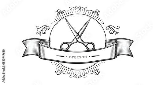Vintage Hand Drawn Scissors Emblem for Barbershop, Tailor, Hair Salon Logo Design. Retro Craft Badge Illustration.