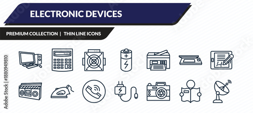 electronic devices icons set - desktop computer, calculator, asic miner, book reader, satellite dish outline vector collection.