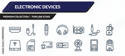 electronic devices icons set - hdmi, connector, trimmer, weighing, air purifier outline vector collection.