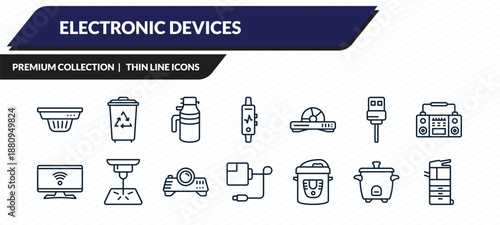 electronic devices icons set - smoke detector, trash compactor, garbage disposal, rice cooker, copier outline vector collection.