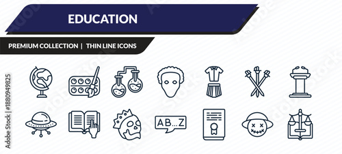 education icons set - earth globe, watercolor, chemistry, wizard of oz, law outline vector collection.