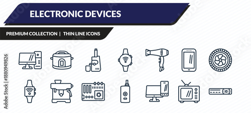 electronic devices icons set - personal computer, crock-pot, cold-pressed juicer, television, video recorder outline vector collection.