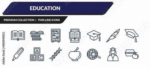 education icons set - dictionary, books, library, student, lunch outline vector collection.