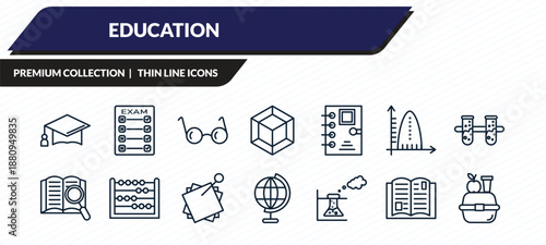 education icons set - graduation mortarboard, final test, studying glasses, reading an open book, lunchbox outline vector collection.