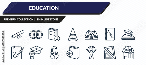 education icons set - folded certificate, combination, download book, square school tool, book shop outline vector collection.