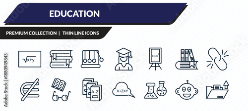 education icons set - square root in class, stack of books, newton cradle, kid, open file outline vector collection.