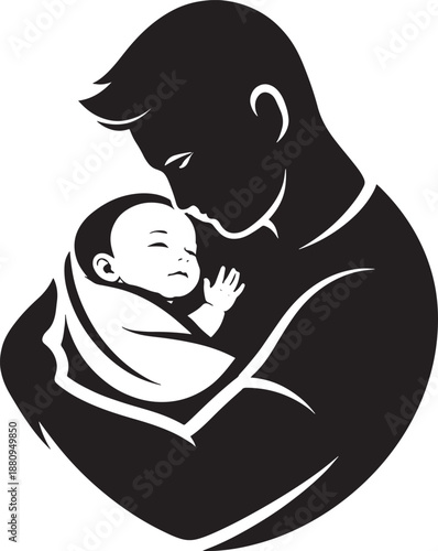 Tender Silhouette of a Father Cradling a Sleeping Newborn Baby in his Arms Vector