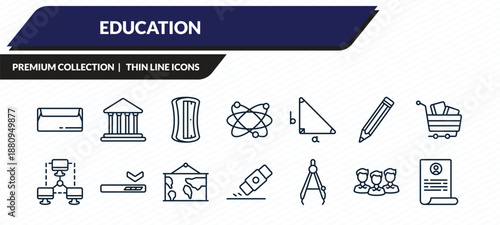 education icons set - closed envelope, bank, sharpener, group of people, application form outline vector collection.