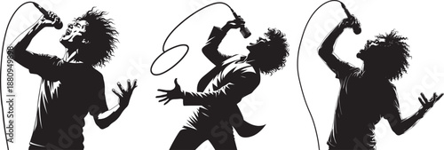 Set of three expressive male singers in silhouette style, vocalists performing with microphones in black and white on a clean white background. Vector