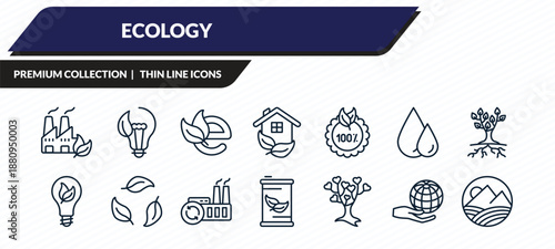ecology icons set - sustainable factory, eco bulb, eco e, globe on hand, landscape image outline vector collection.