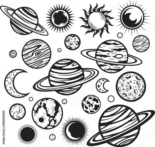 Hand drawn space collection featuring various planets, suns, crescent moons, and stars in a clean black and white astronomical line art style. Vector