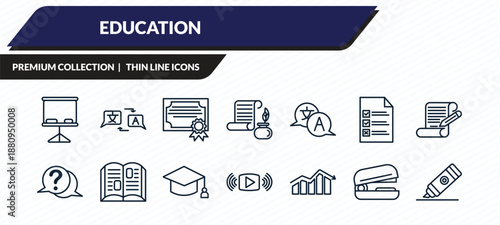 education icons set - board, translator, certificate, stapler, marker outline vector collection.