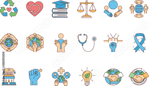 Vibrant icons representing social causes and global unity