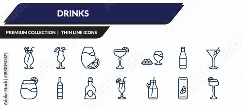 drinks icons set - tequila sunrise, mai tai, fruit juice, soda can, sidecar drink outline vector collection.