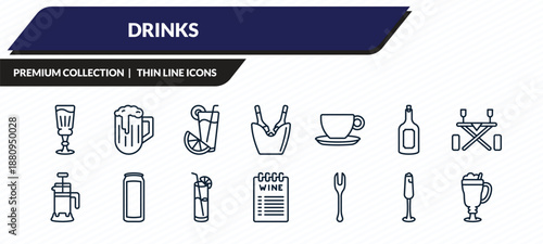 drinks icons set - absinthe, pub, greyhound drink, french 75, latte outline vector collection.