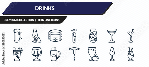 drinks icons set - beer mug, watermelon juice, cask, wine toast, mai thai outline vector collection.