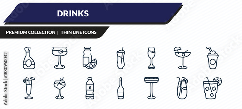 drinks icons set - cognac, martinez, juice bottle, planter's punch, cuba libre outline vector collection.