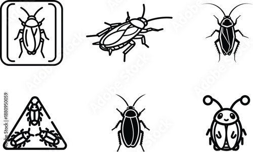 Cockroach icons and symbols in various styles and poses
