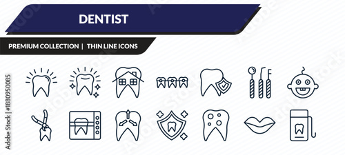 dentist icons set - dental, white teeth, dental house, mouth, dental floss outline vector collection.