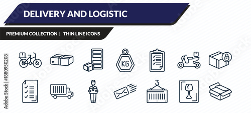 delivery and logistic icons set - delivery by bike, parcel, delivery to the door, fragile, unpacking outline vector collection.