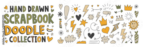 rayon drawn scrapbook doodle collection. Hand drawn scribbles for collages. Crayon drawn lightnings, crowns, stars and arrows. stickers for scrapbook design collages.