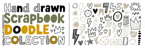 rayon drawn scrapbook doodle collection. Hand drawn scribbles for collages. Crayon drawn lightnings, crowns, stars and arrows. stickers for scrapbook design collages.