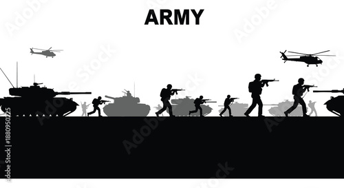 army soldiers and vehicles in a silhouette scene with helicopters flying overhead silhouette high quality professional detailed modern elegant stylish clean
