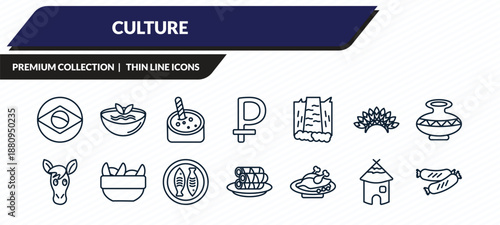 culture icons set - brazil flag, gazpacho, crema catalana, mud hut, chorizo outline vector collection.